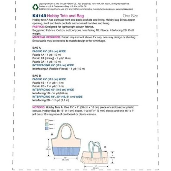 Kwik Sew K4149 Hobby Tote & Bag Sewing Pattern - Picture 2 of 4